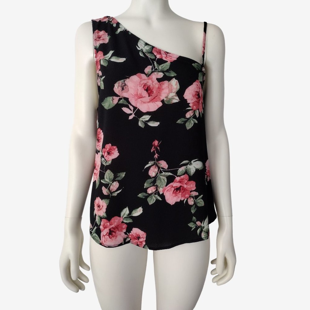 Seven Sisters Black Floral One Shoulder Lightweight Sleeveless Blouse M